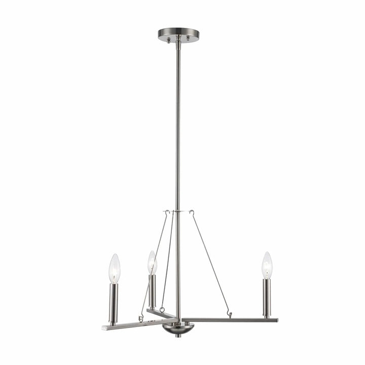 Modern three-light brushed nickel chandelier for dining room or entryway ceiling lighting