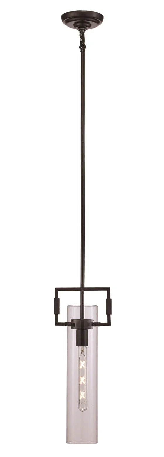 Pendant light with clear glass cylinder shade and black tubular fixture for modern interior lighting