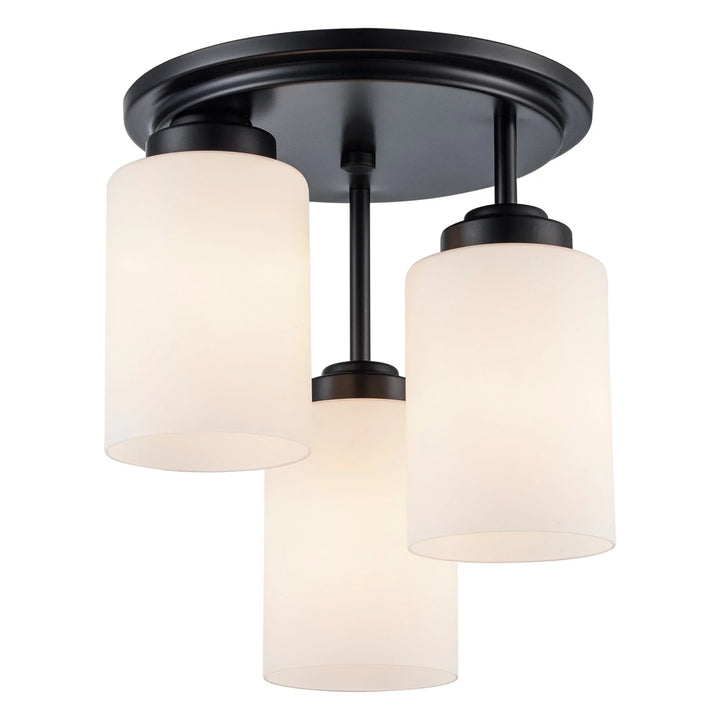 Flush mount ceiling light with three frosted glass cylinders for modern indoor ambient lighting