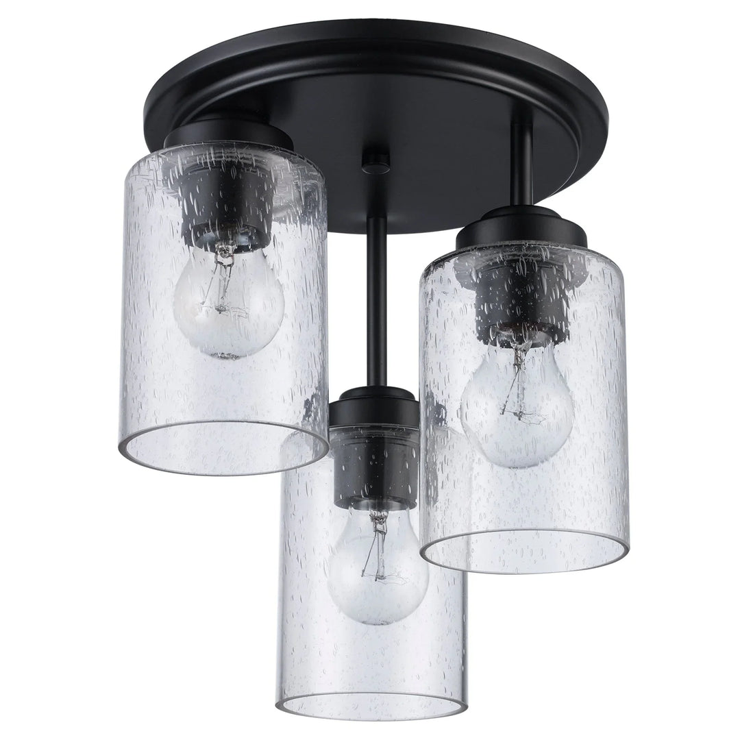 Modern ceiling light fixture with three clear glass shades and black metal base for home lighting