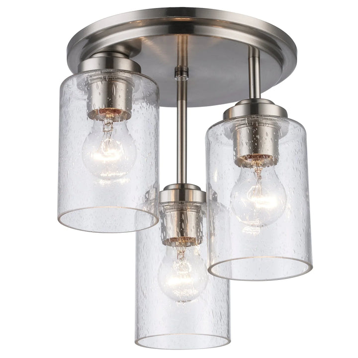 Ceiling flush mount light fixture with three clear glass shades for modern indoor lighting