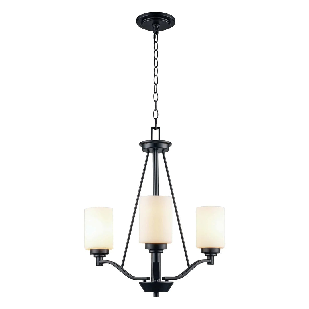 Three light pendant chandelier with black frame and frosted glass shades for dining room lighting