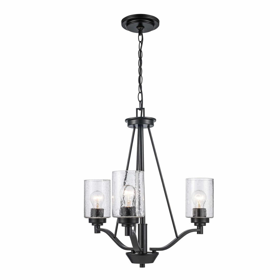 Three-light black chandelier with clear glass shades for modern dining room or entryway lighting
