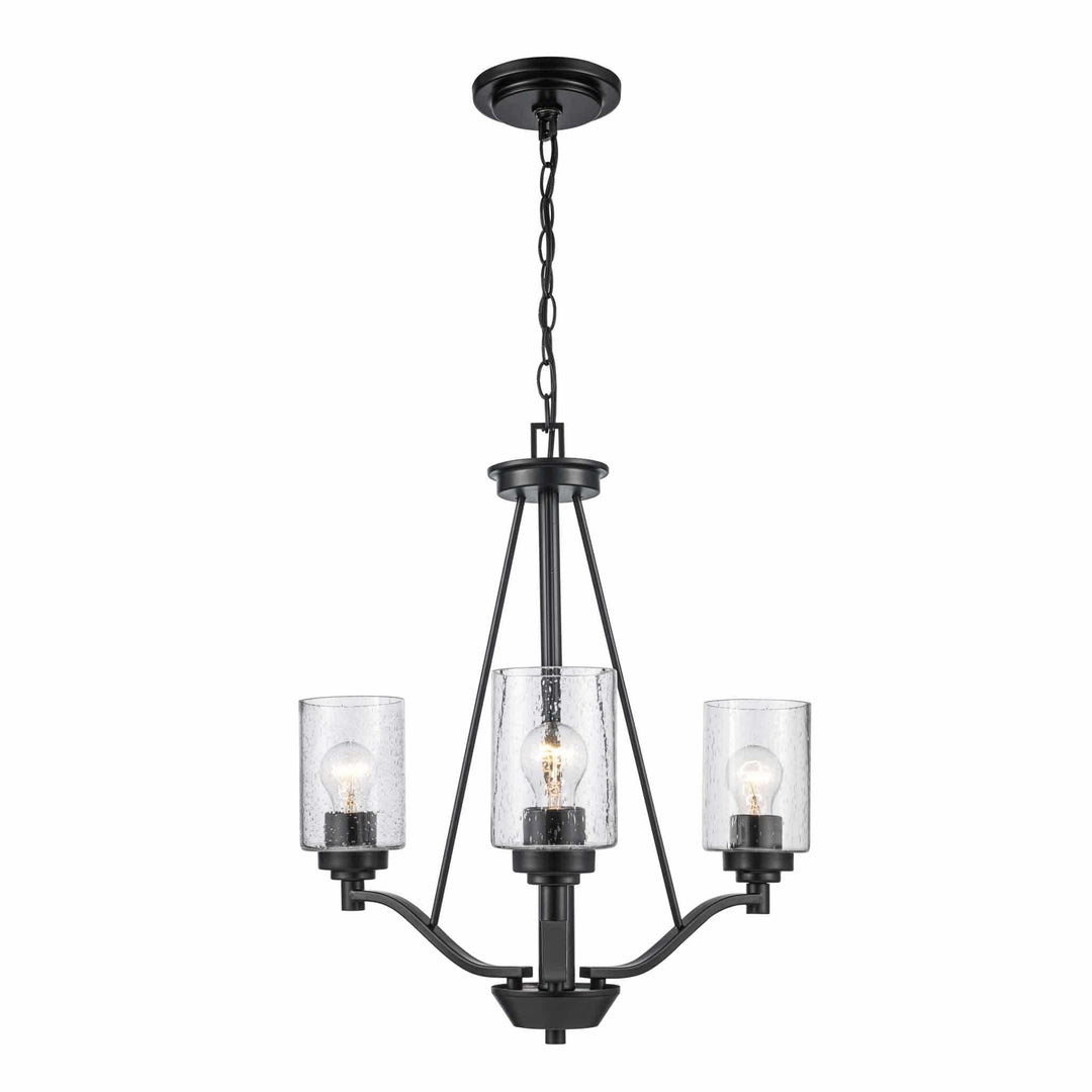 Three light black chandelier with clear glass shades for modern dining room or entryway lighting
