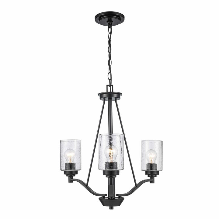 Three light black chandelier with clear glass shades for modern dining room or entryway lighting
