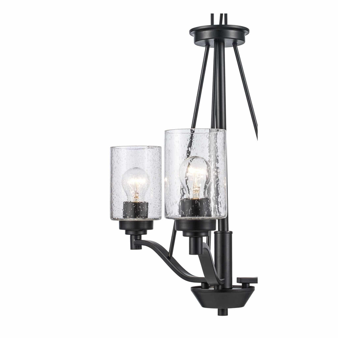 Three-light black pendant chandelier with clear glass shades for modern dining room lighting