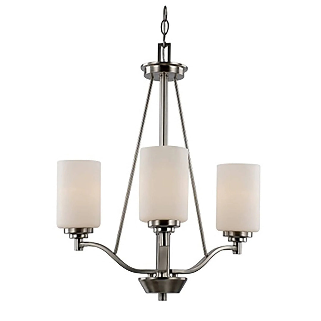 Modern three-light brushed nickel chandelier with frosted glass shades for dining room lighting