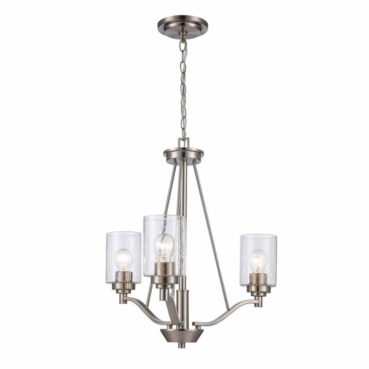 Three light brushed nickel chandelier with clear glass shades for modern dining room lighting