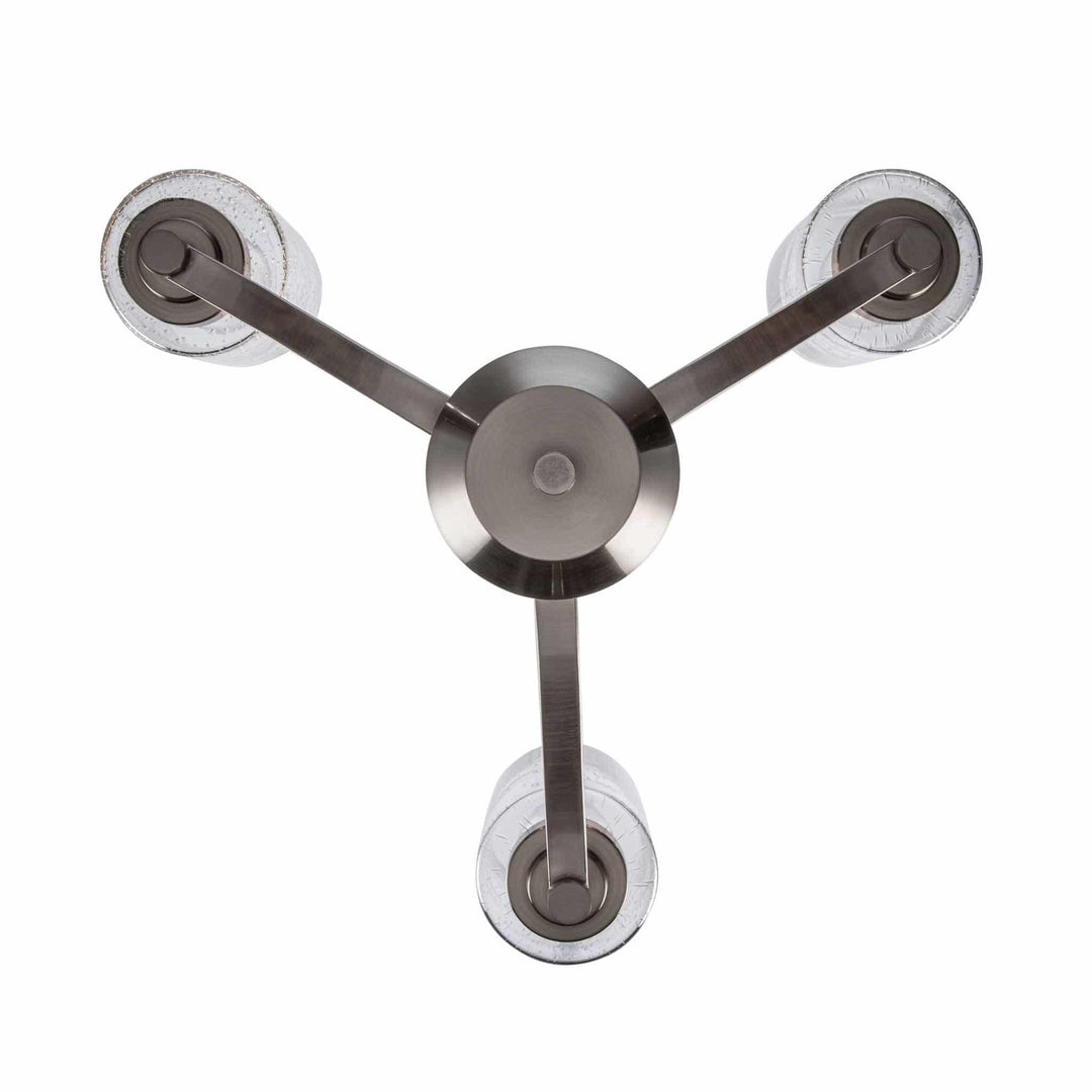 Modern three-light brushed nickel ceiling fixture with clear glass shades for interior lighting