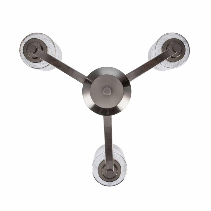 Modern three-light brushed nickel ceiling fixture with clear glass shades for interior lighting
