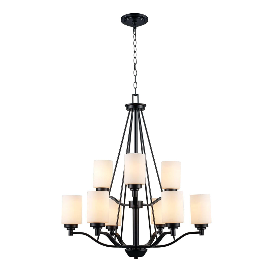 Modern black two-tier chandelier with nine glass shades for dining room or foyer lighting