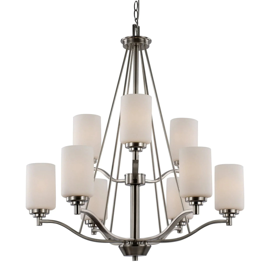 Modern brushed nickel chandelier with two tiers and frosted glass shades for dining room lighting