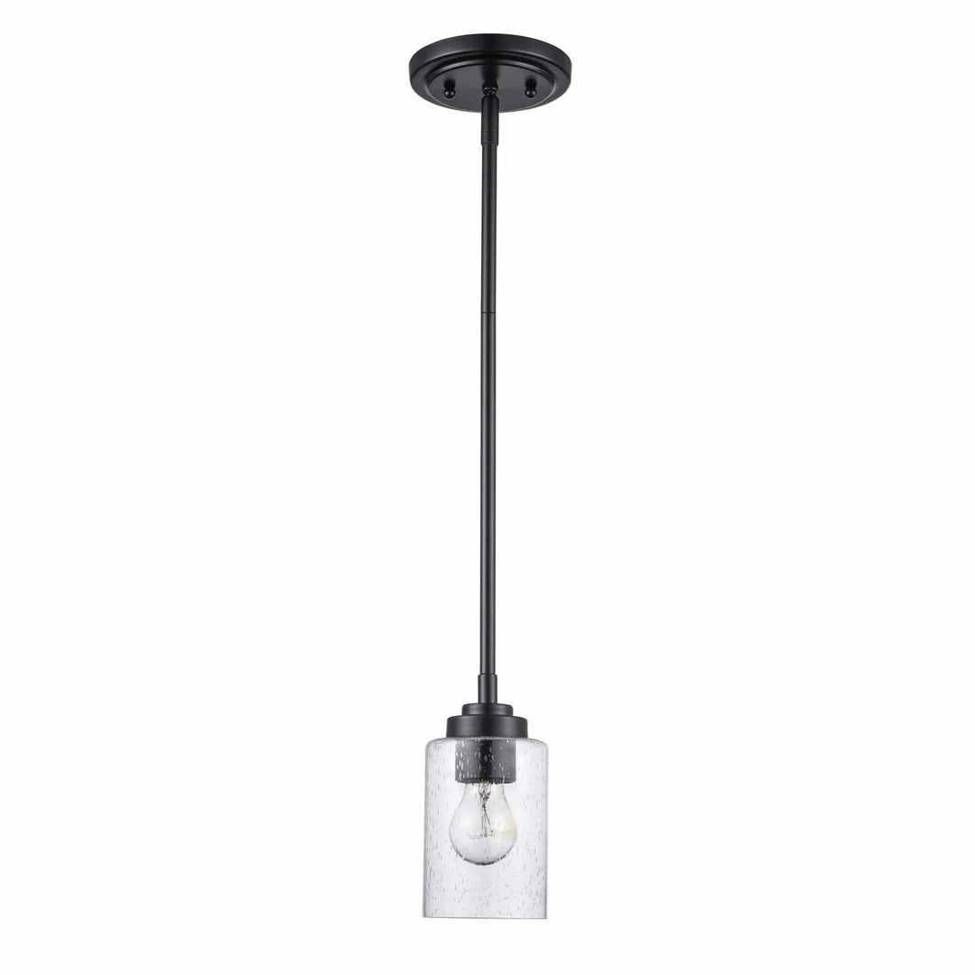 Black mini pendant light with clear glass drum shade for indoor kitchen or dining lighting