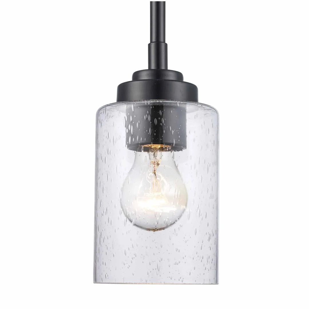 Mini glass drum pendant light with black fixture for modern kitchen or dining room lighting