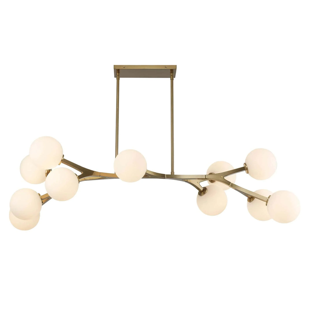 Modern 11-light pendant chandelier with angled arms and white glass globes for dining room lighting