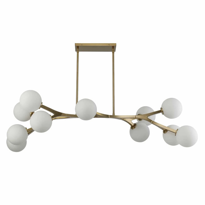 Modern 11-light pendant chandelier with frosted globe bulbs and angled gold arms for dining rooms