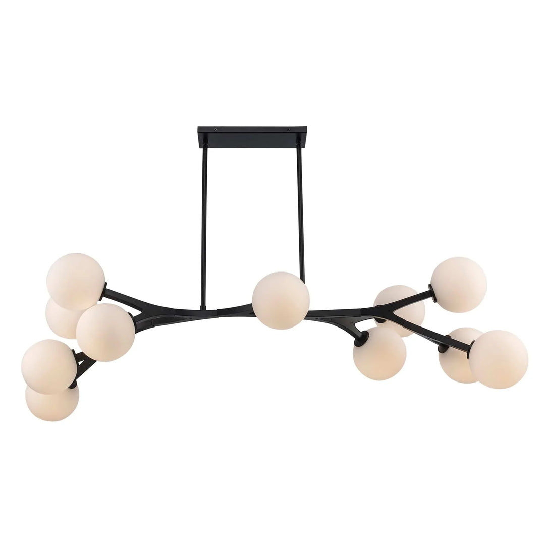 Modern pendant light with eleven frosted glass globes and angled black metal arms for dining room