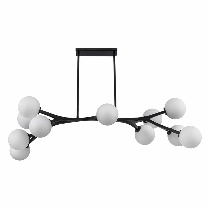 Modern multi-arm LED pendant light with spherical white glass shades for dining room or entryway