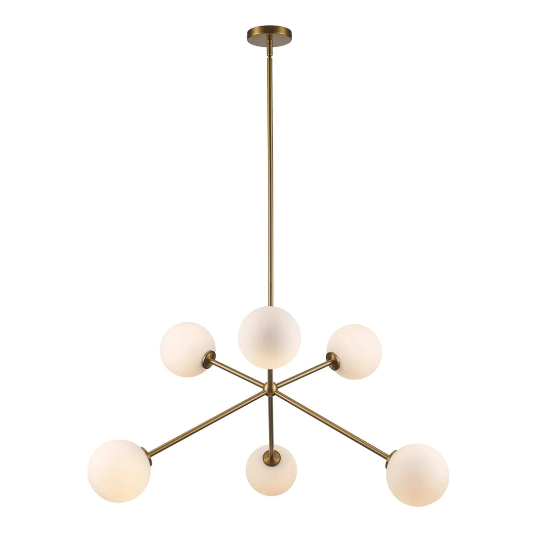 Modern 6-light ceiling chandelier with white globe shades and antique gold finish for home lighting