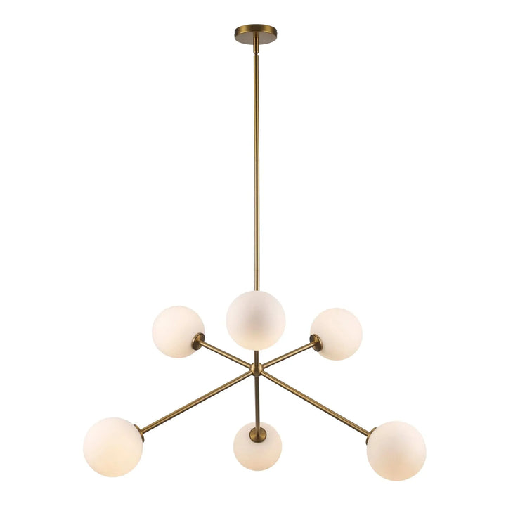 Modern 6-light ceiling chandelier with white globe shades and antique gold finish for home lighting
