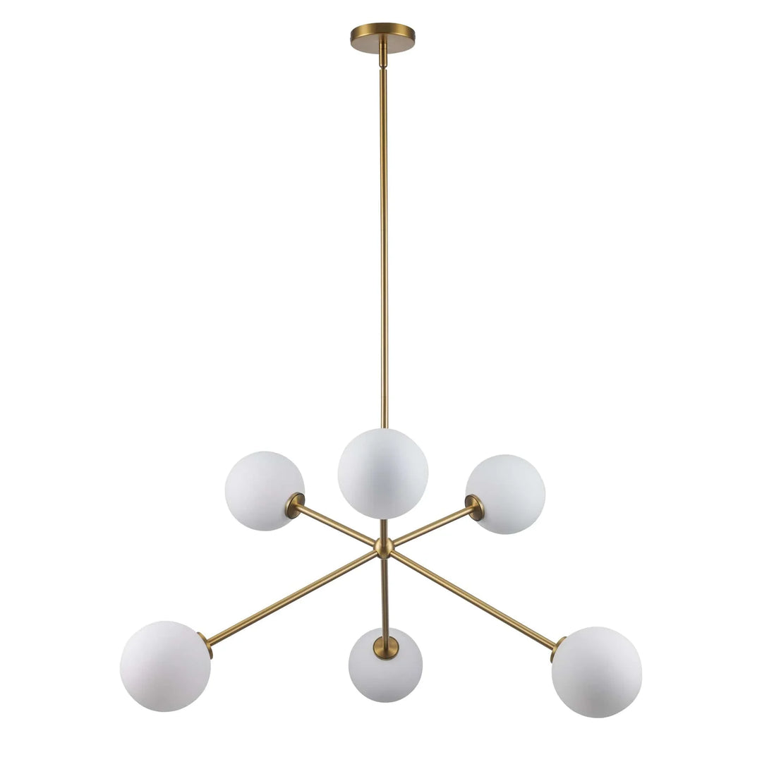 Modern 6-light gold chandelier with white globe shades for living room or dining area lighting
