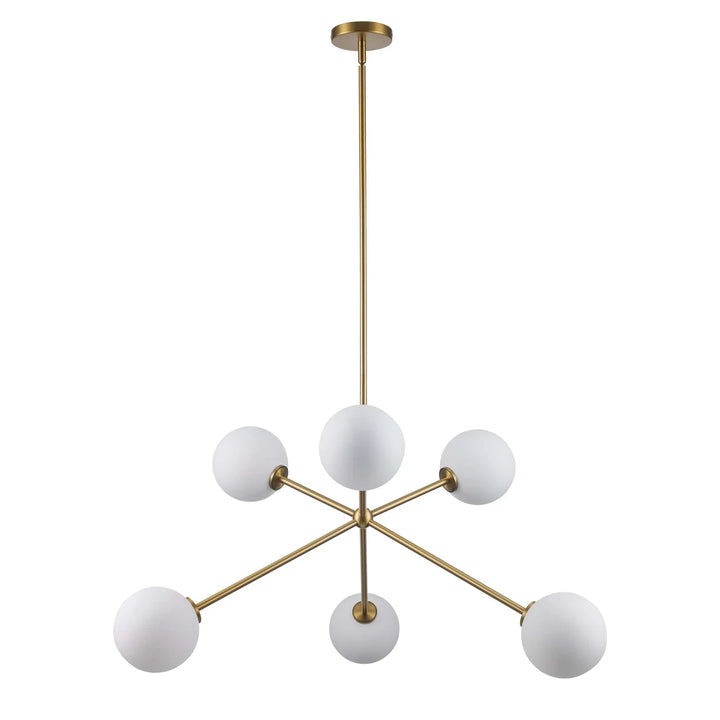 Modern 6-light gold chandelier with white globe shades for living room or dining area lighting