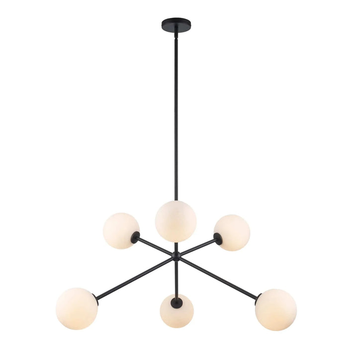 Modern 6-light black chandelier with frosted glass globes for dining room or living space lighting