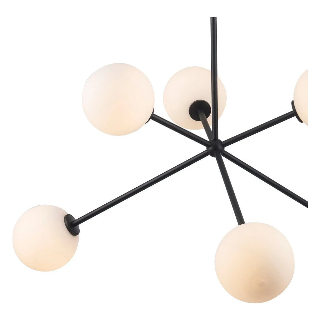 Modern 6-light black pendant chandelier with round white glass globes for living room lighting