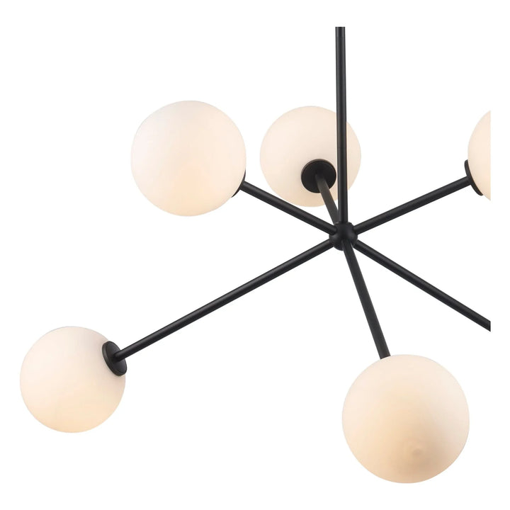 Modern 6-light black pendant chandelier with round white glass globes for living room lighting