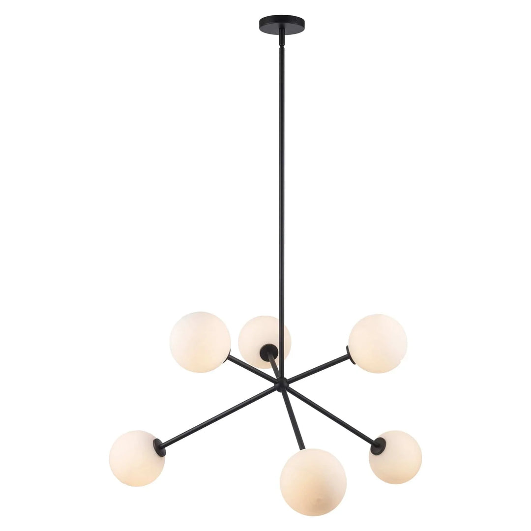 Modern black 6-light ceiling chandelier with frosted globe shades for living room or dining lighting