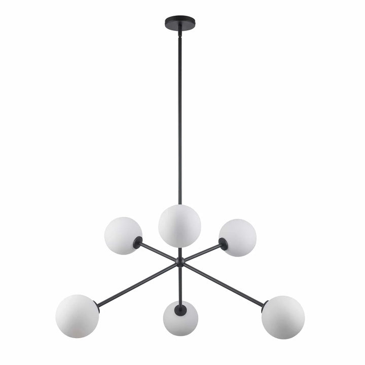 Modern 6-light ceiling chandelier with black arms and white glass globes for dining or living rooms