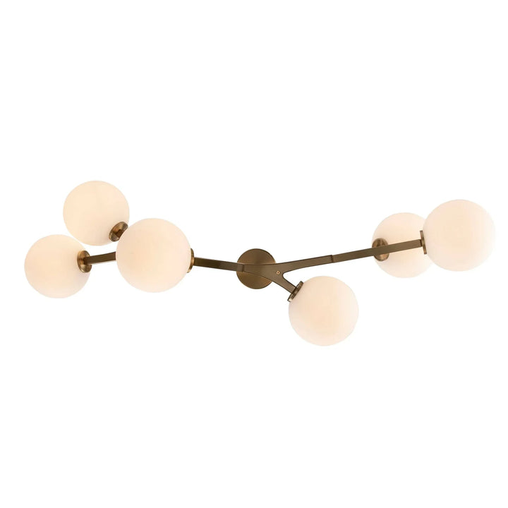 modern 6-light ceiling fixture with angled antique gold arms and globe lights for home lighting