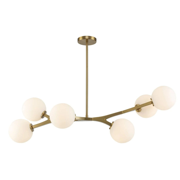 Modern 6-light chandelier with angled arms and frosted glass globes for dining room lighting