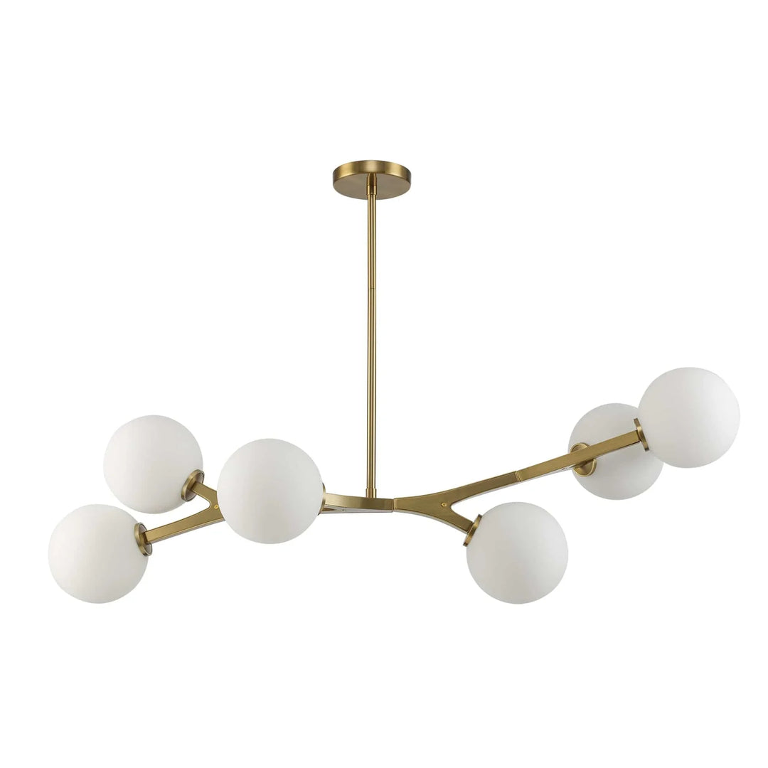 Modern 6-light gold chandelier with angled arms and round glass shades for dining or living rooms