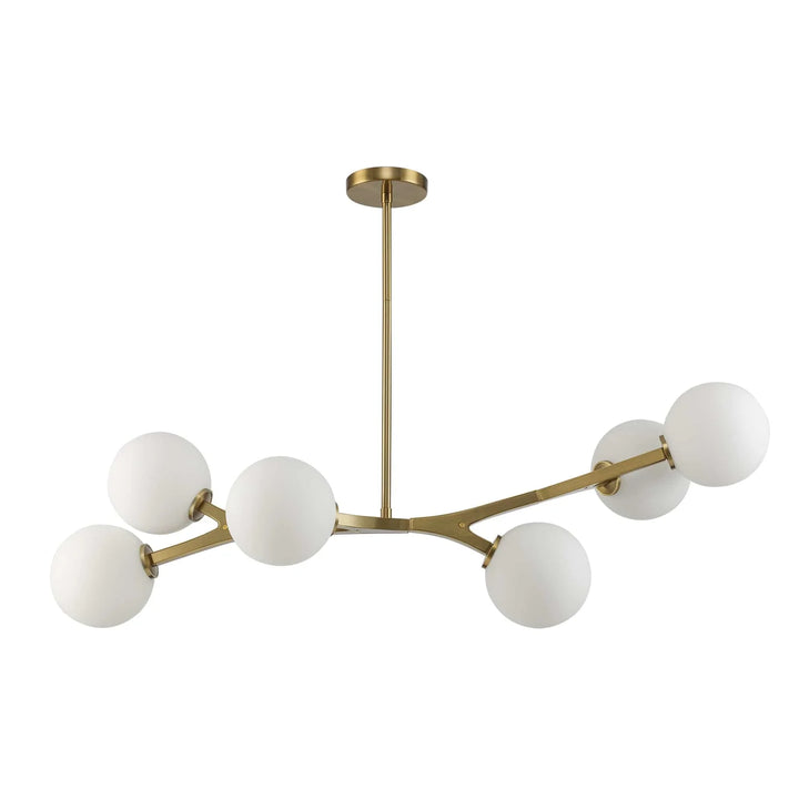 Modern 6-light gold chandelier with angled arms and round glass shades for dining or living rooms