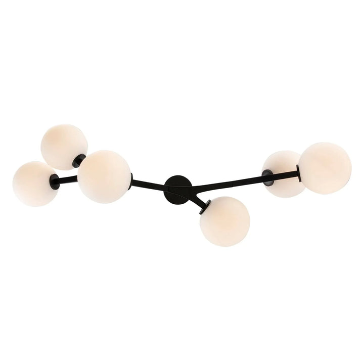 Modern 6-light ceiling fixture with black angled arms and white glass globes for home lighting