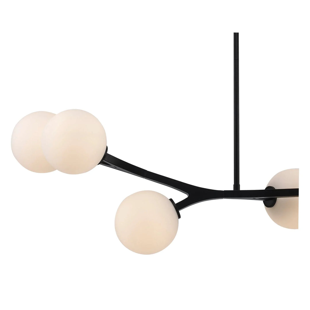 Modern 6-light black chandelier with angled arms and globe shades for living room lighting