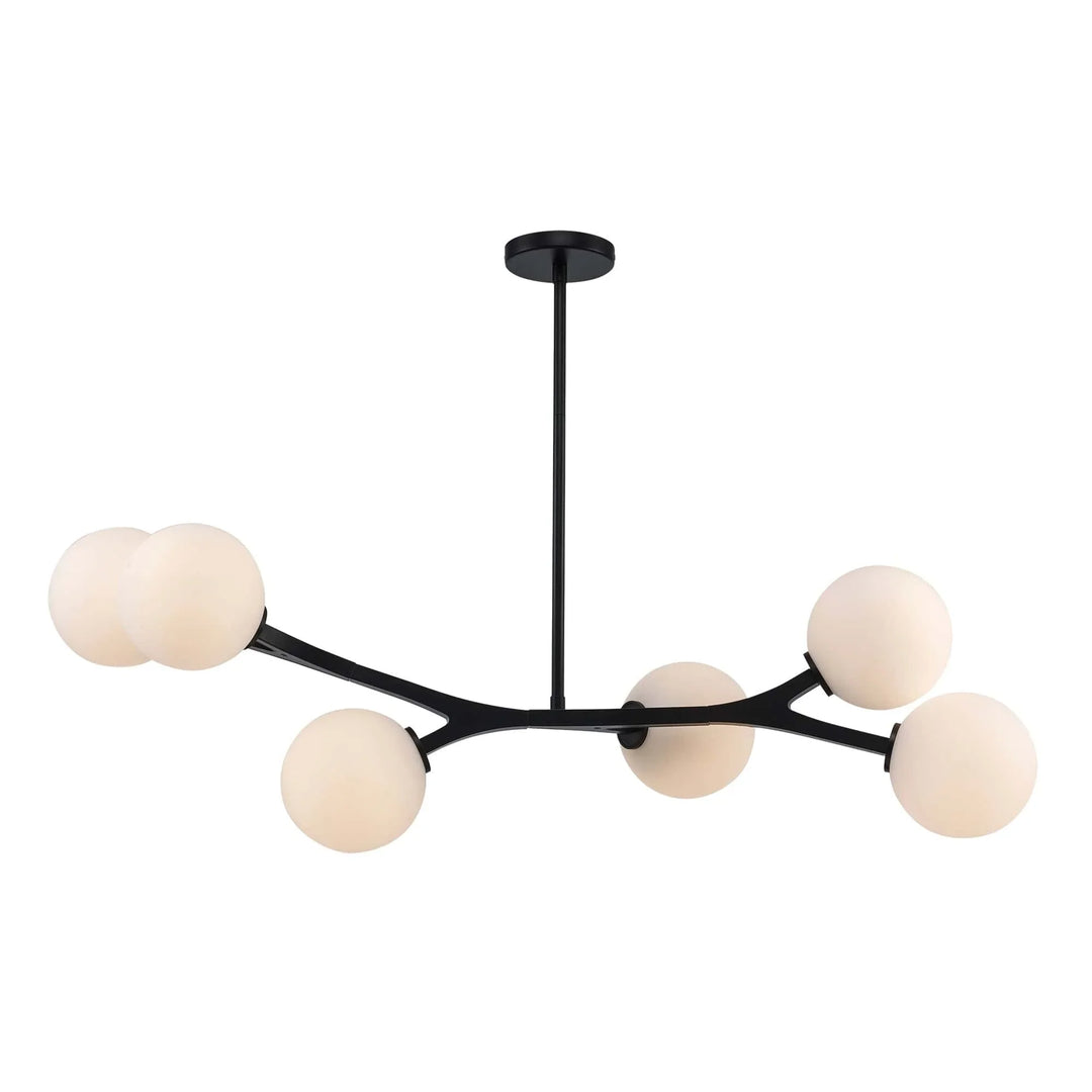 Modern 6-light chandelier with black angled arms and white glass globes for living room lighting