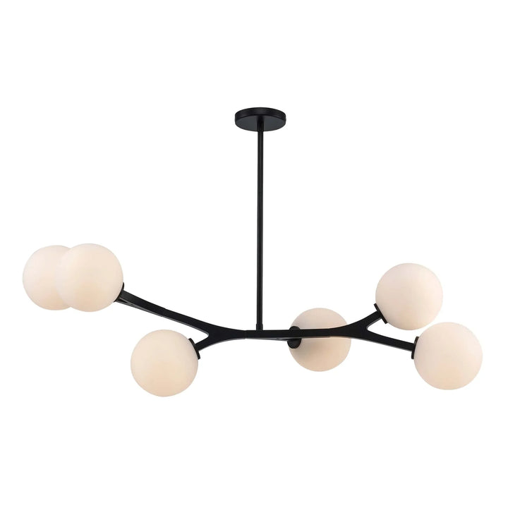Modern 6-light chandelier with black angled arms and white glass globes for living room lighting
