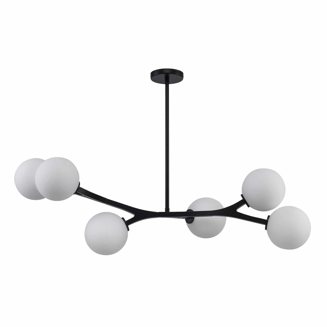 Modern 6-light black chandelier with angled arms and globe shades for contemporary living rooms