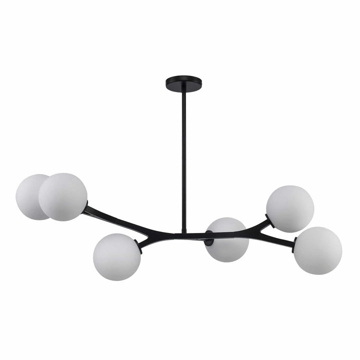 Modern 6-light black chandelier with angled arms and globe shades for contemporary living rooms
