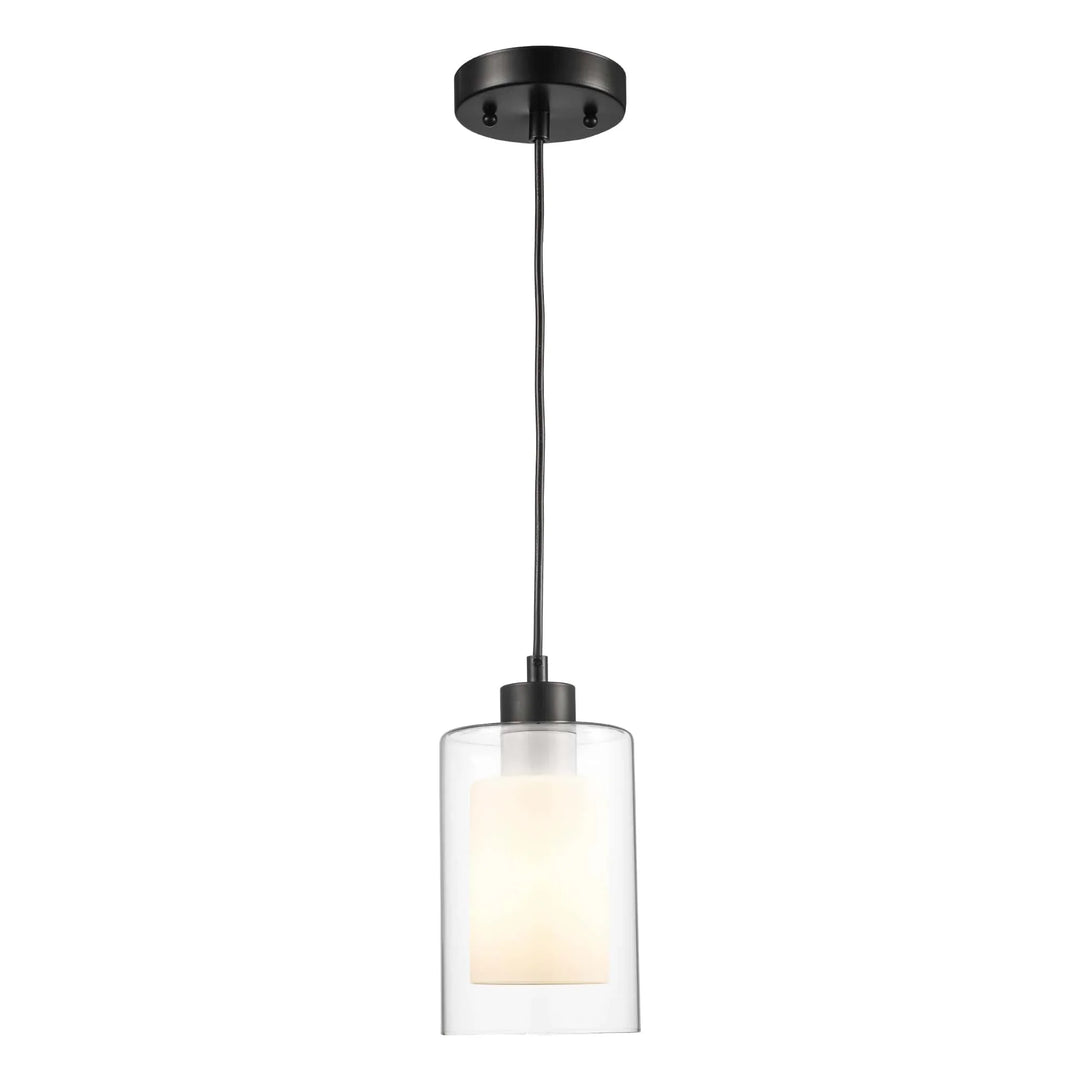 Pendant light with dual cylinder glass shade and black finish for modern indoor ceiling lighting