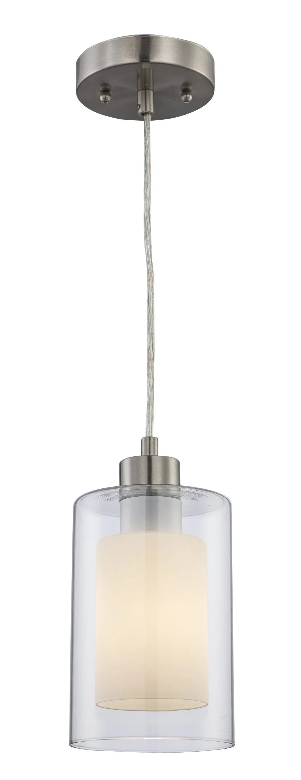 Pendant light with dual cylinder glass shade and brushed nickel finish for modern kitchen or dining room