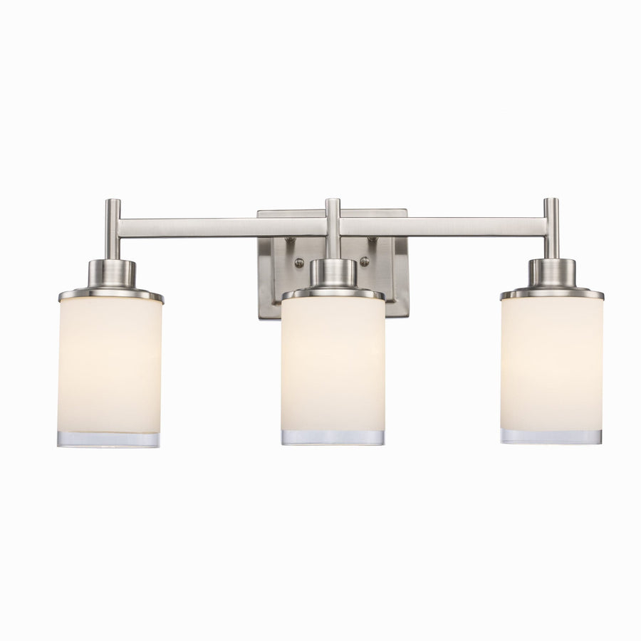 Trans Globe Orem Glass Drum Shaded 3-Light Vanity Bar White Clear Rim -  Brushed Nickel