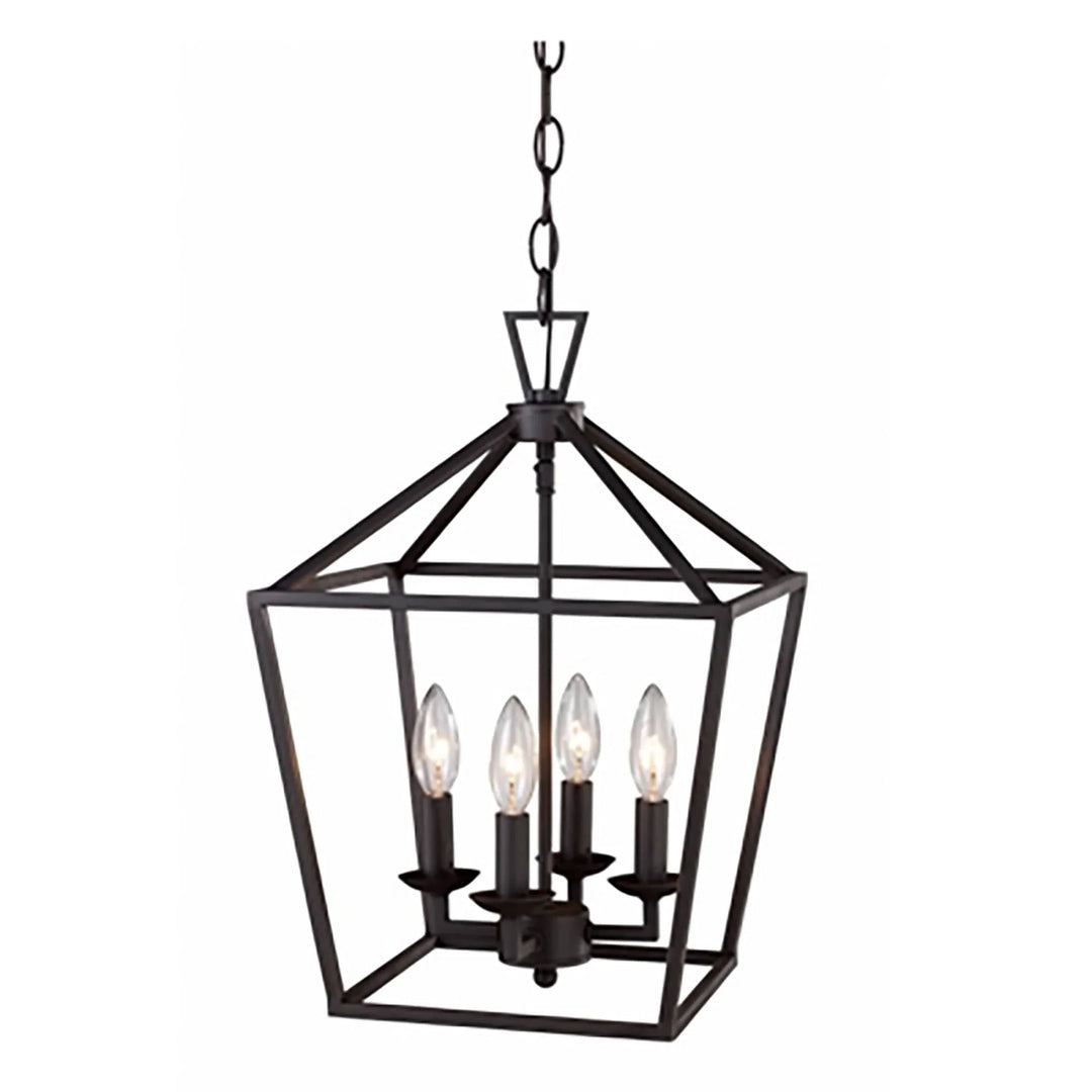 Pendant light fixture with four candle bulbs in an open cage design for indoor ceiling lighting