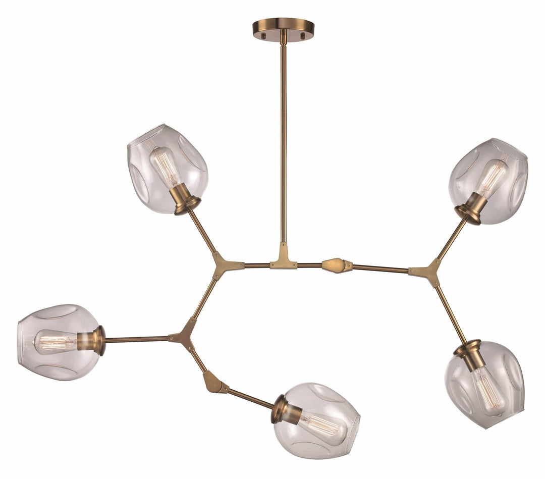 Modern five-light chandelier with antique gold finish and clear glass shades for indoor ceiling lighting