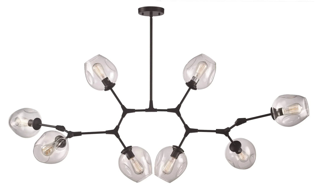 Modern 8-light ceiling chandelier with black arms and clear glass shades for indoor ambient lighting