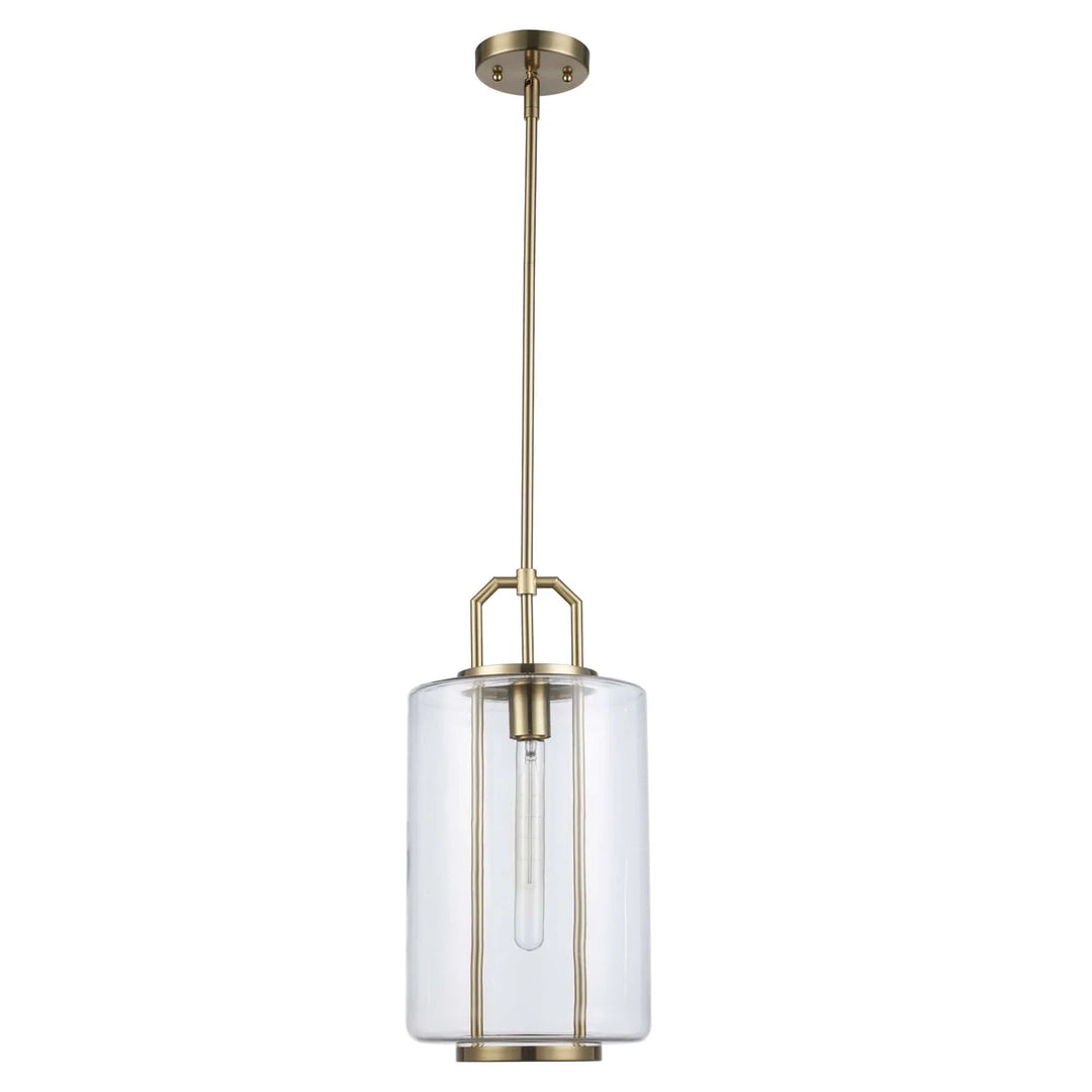 Pendant light with clear glass cylinder shade and antique gold finish for modern interior lighting