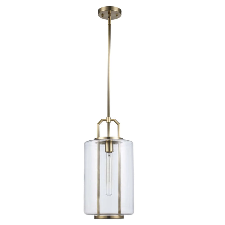 Pendant light with clear glass cylinder shade and antique gold finish for modern interior lighting