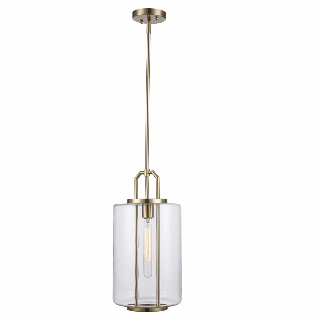 Pendant light with glass cylinder shade and antique gold finish for modern kitchen or entryway